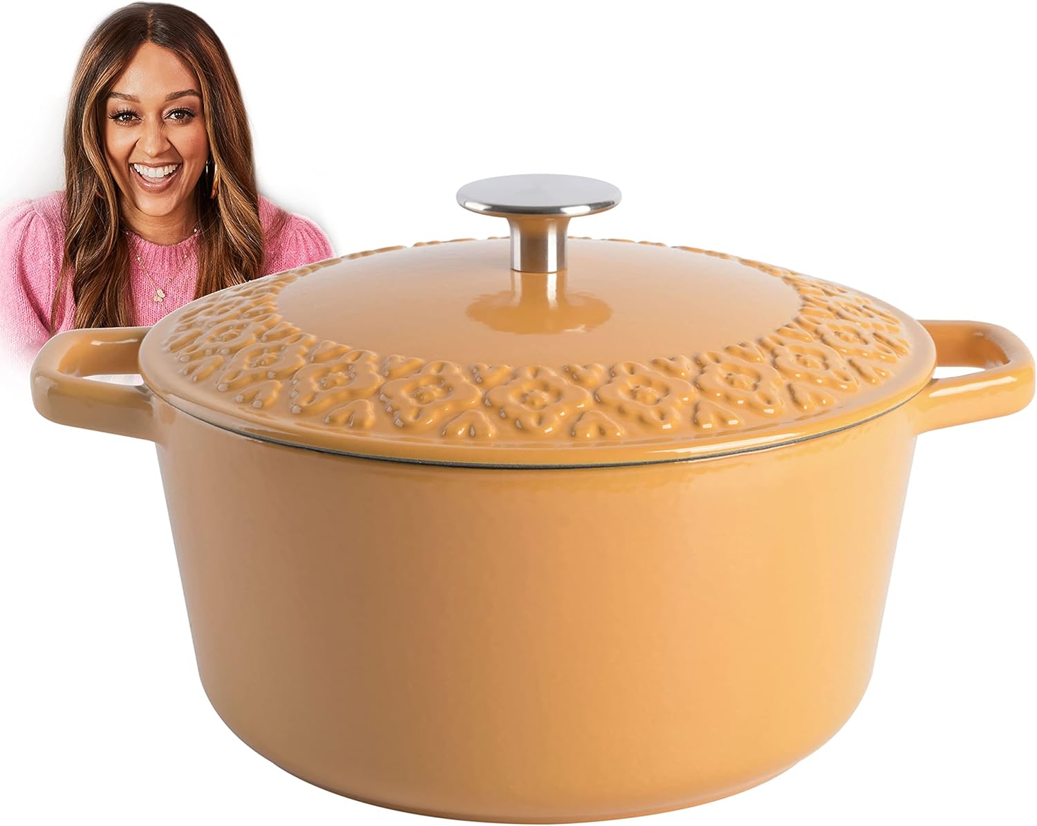 SPICE BY TIA MOWRY 3.5 QT 87075.02R Enamelled Cast Iron Dutch Oven with Embossed Lid, Honey Gold SPICE BY TIA MOWRY 3.5 QT 87075.02R Enamelled Cast Iron Dutch Oven with Embossed Lid, Honey Gold